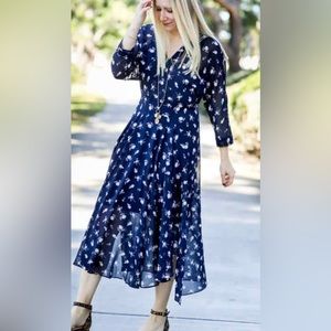 Cabi midi dress navy sheer pemberley print floral long sleeve size 4
